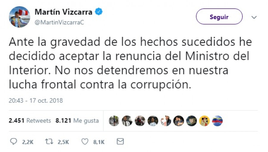 El presidente Martín Vizcarra confirmó por redes sociales la aceptación de la renuncia de Mauro Medina. Foto: Twitter