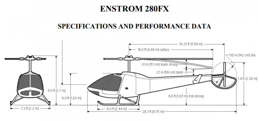 Características generales del helicóptero 280FX Shark. Foto: Enstrom Helicopter Corporation