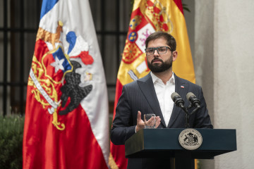 Presidente Gabriel Boric en punto de prensa durante la visita del presidente del gobierno español Pedro Sánchez  Firma Prensa Presidencia de Chile