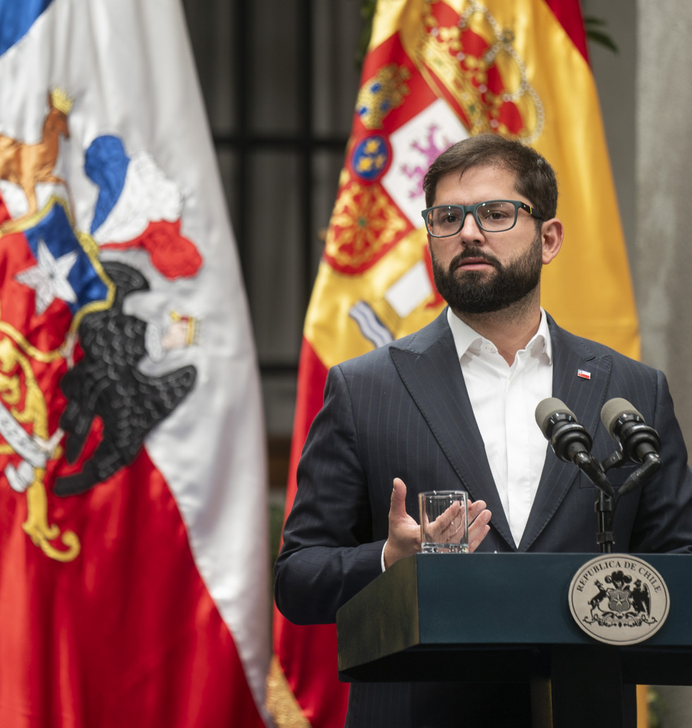 Presidente Gabriel Boric en punto de prensa durante la visita del presidente del gobierno español Pedro Sánchez  Firma Prensa Presidencia de Chile