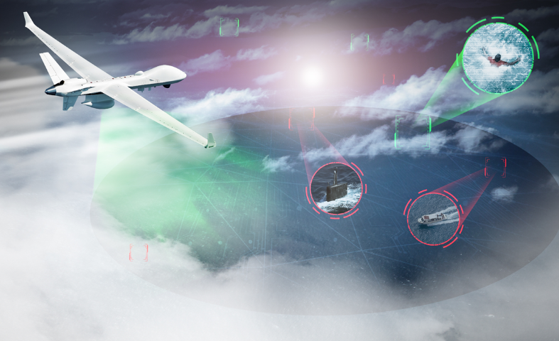 Esquema de uso del RPAS MQ-9B SeaGuardian dotado de un radar AESA Seaspraya. Imagen: Leonardo