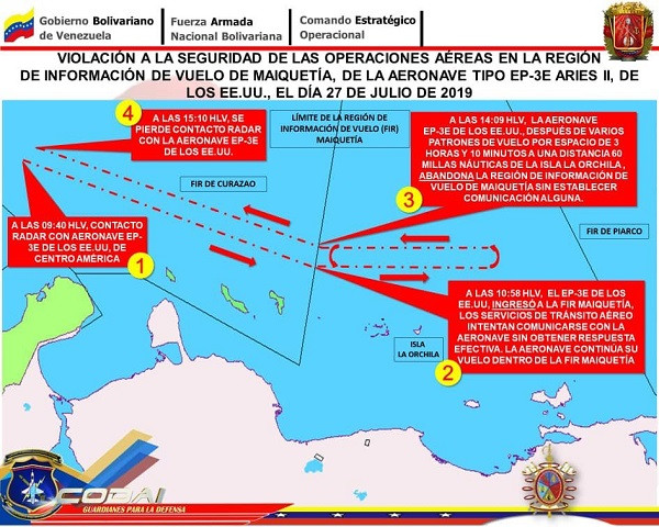 Operaciones de detección del avión EP-3E de la US Navy, el 27 de julio. Foto: Comando Estratégico Operacional de la Fuerza Armada Nacional.