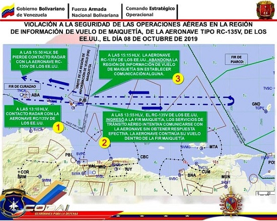 Detección del avión RC-135V de la USAF por los radares venezolanos, el 8 de octubre. Foto: Comando de Defensa Aeroespacial Integral.