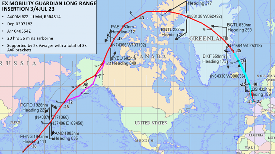 Ruta seguida por el A400M de la RAF que ha batido el récord de vuelo sin escalas. Imagen. RAF