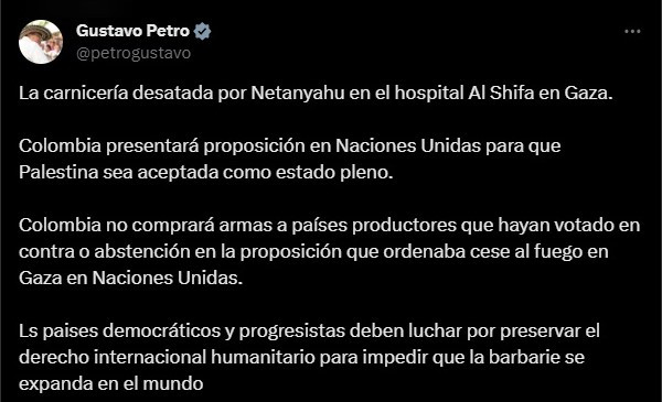 Tweet Gustavo Petro. Fuente X de Gustavo Petro