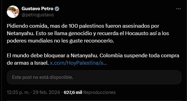 Tweet de Gustavo Petro en X