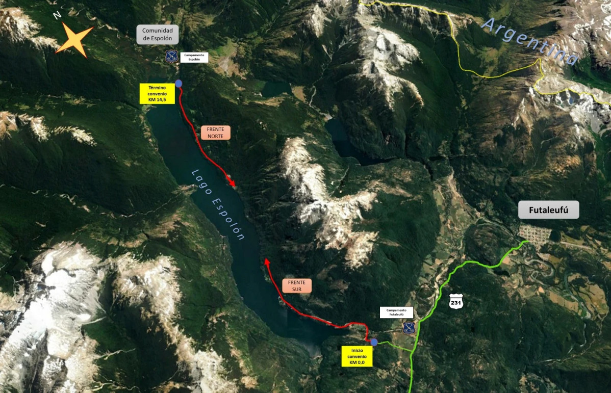 Plano de los frentes de construcciu00f3n del Acceso Norte Lago Espolu00f3n  y Puelo u2013 Paso El Bolsu00f3n etapa X Cochamu00f3 Firma Eju00e9rcito de Chile