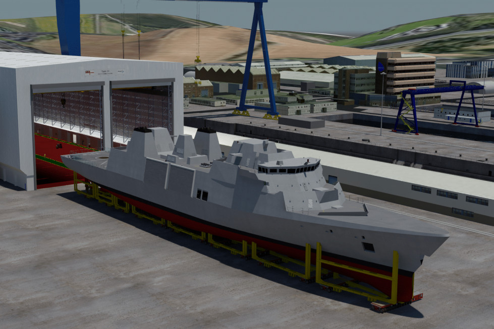 Render de una fragata Type 31 en las instalaciones de Rosyth Firma Babcock